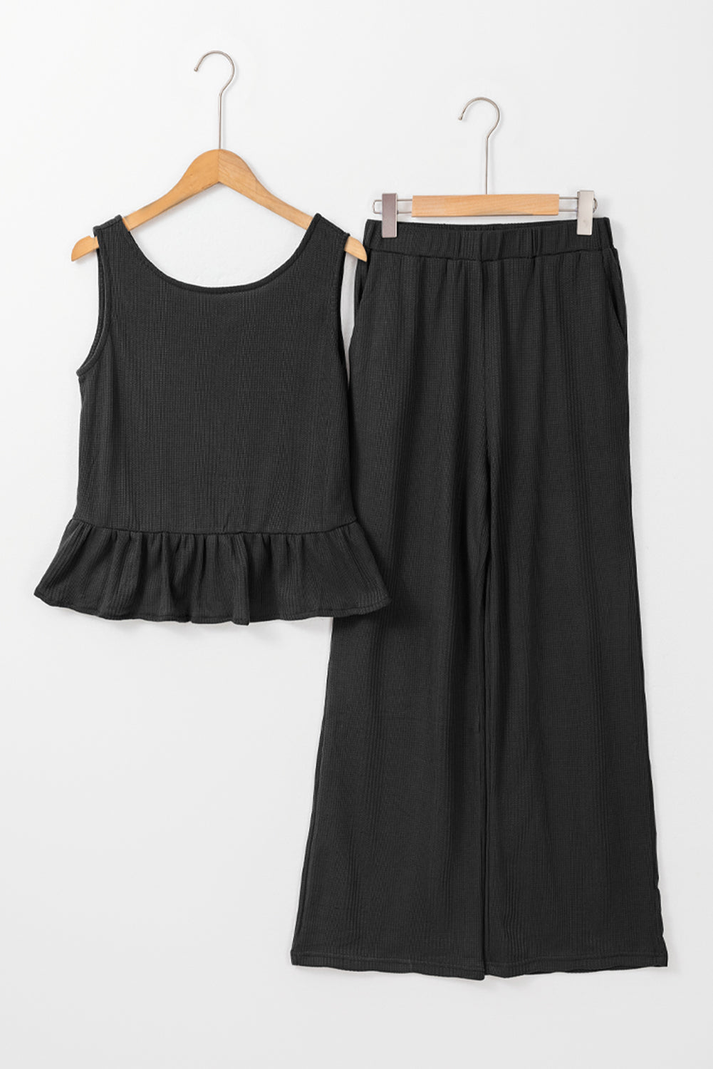 Black Solid Color Ribbed Ruffle Tank Top and Pants Set