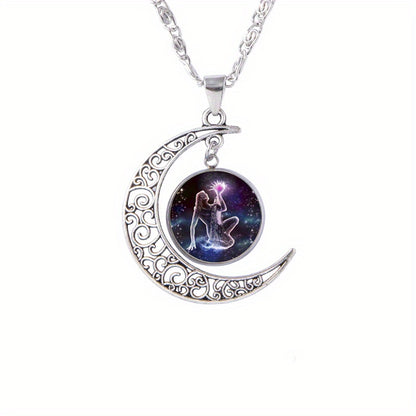 Twelve Zodiac Constellations Moon Phase Necklace - Timeless Gemstone Pendant with Adjustable Chain - Unique Personality Jewelry and Birthday Gift Idea for Women and Girls