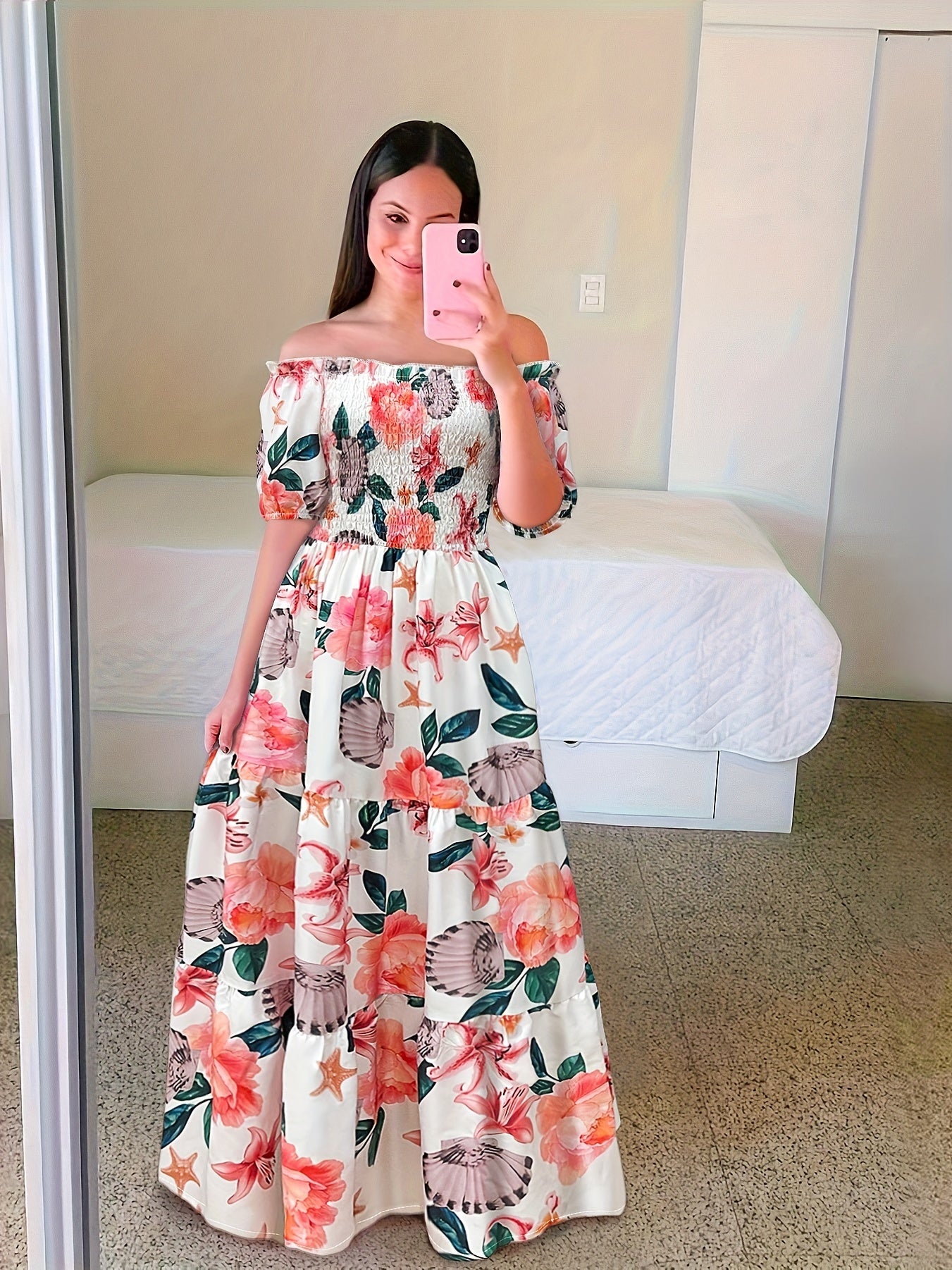 Gradient Print Tiered Dress, Casual Off Shoulder Shirred Party Dress, Women's Clothing