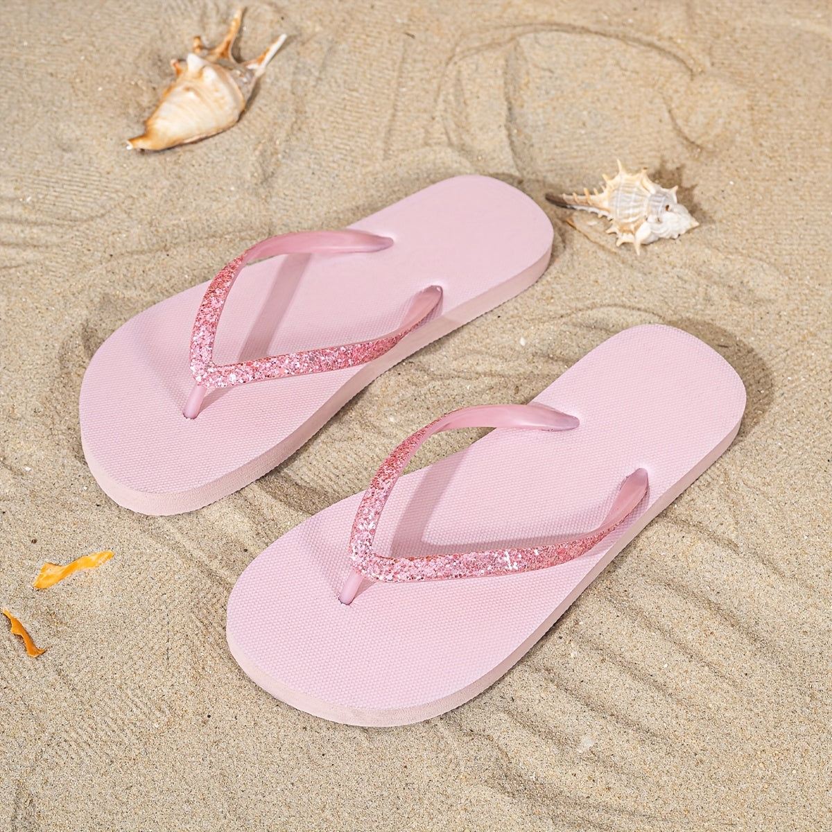 [Glitter Flip-Flops] Light Blue Women's Minimalist Glitter Flip-Flops | TPU Upper with EVA Sole, Flat Sandals for Summer Beach & Casual Wear