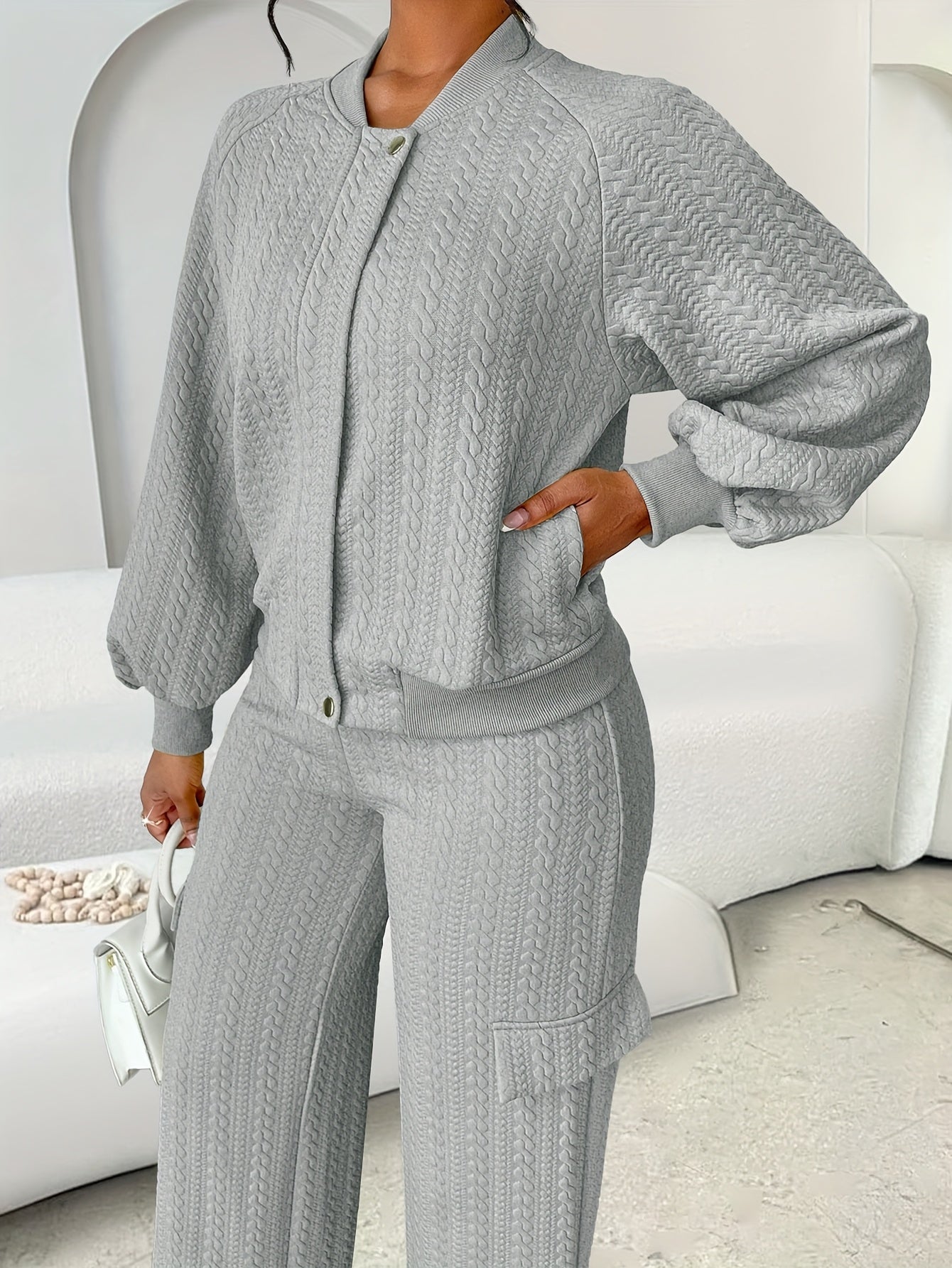 Women'S Casual Chic Two-Piece Set, Solid Color Long Sleeve Zippered Jacket and Straight-Leg Pants, Polyester 95% Elastane 5% Knit Fabric, Crew Neck, Fall/Winter Collection