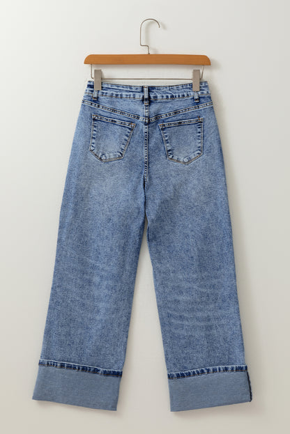 Myosotis Center Seam Cuffed Hem Straight High Waist Jeans