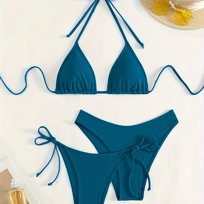 Solid Color 3 piece Set Bikini, Halter Neck Backless Swimsuits, Women's Swimwear & Clothing