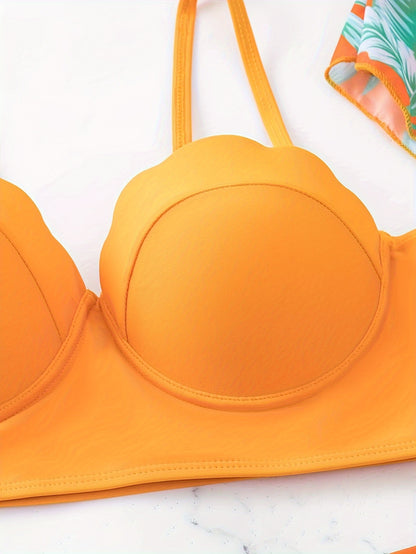 3 Piece Tropical Print High Waist Bikini Set - Off the Shoulder, High Stretch, Semi-Sheer, Polyester Fabric, Random Printing, Knit Swimsuits for Women - Perfect for Swimming and Beach Activities