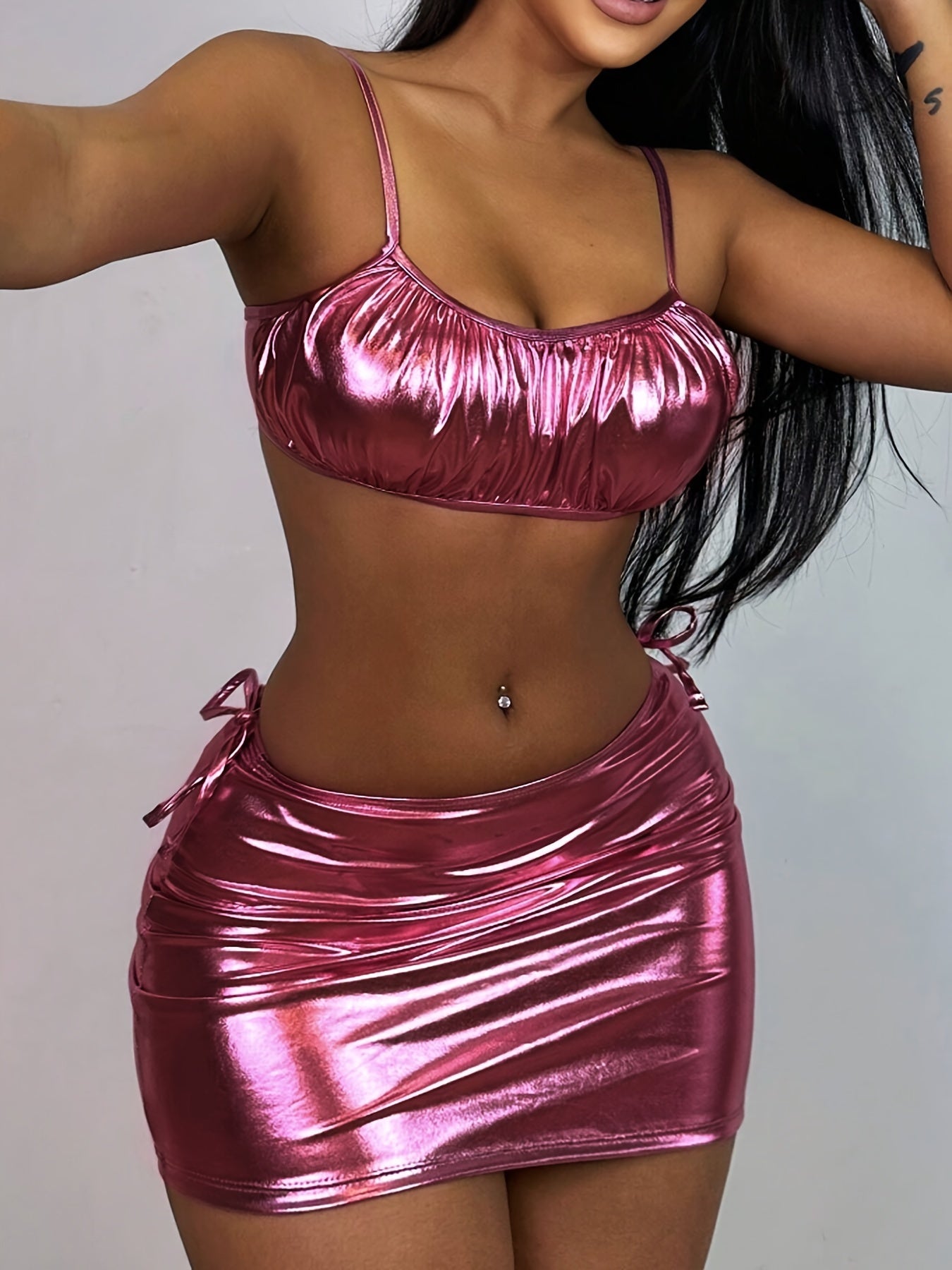 Women's Sexy 3-Piece Metallic Bikini Set, Glitter Fabric, Ruched Front Top & High Cut Bottom With Cover Up Skirt, Women's Swimwear