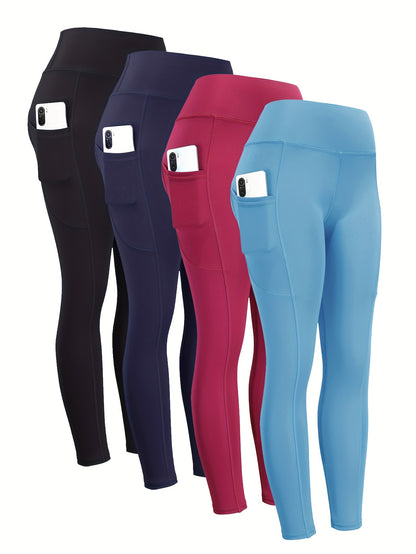 4pcs High Waist Yoga Leggings With Pocket For Women, Solid Color, Tight Fit, Women's Activewear