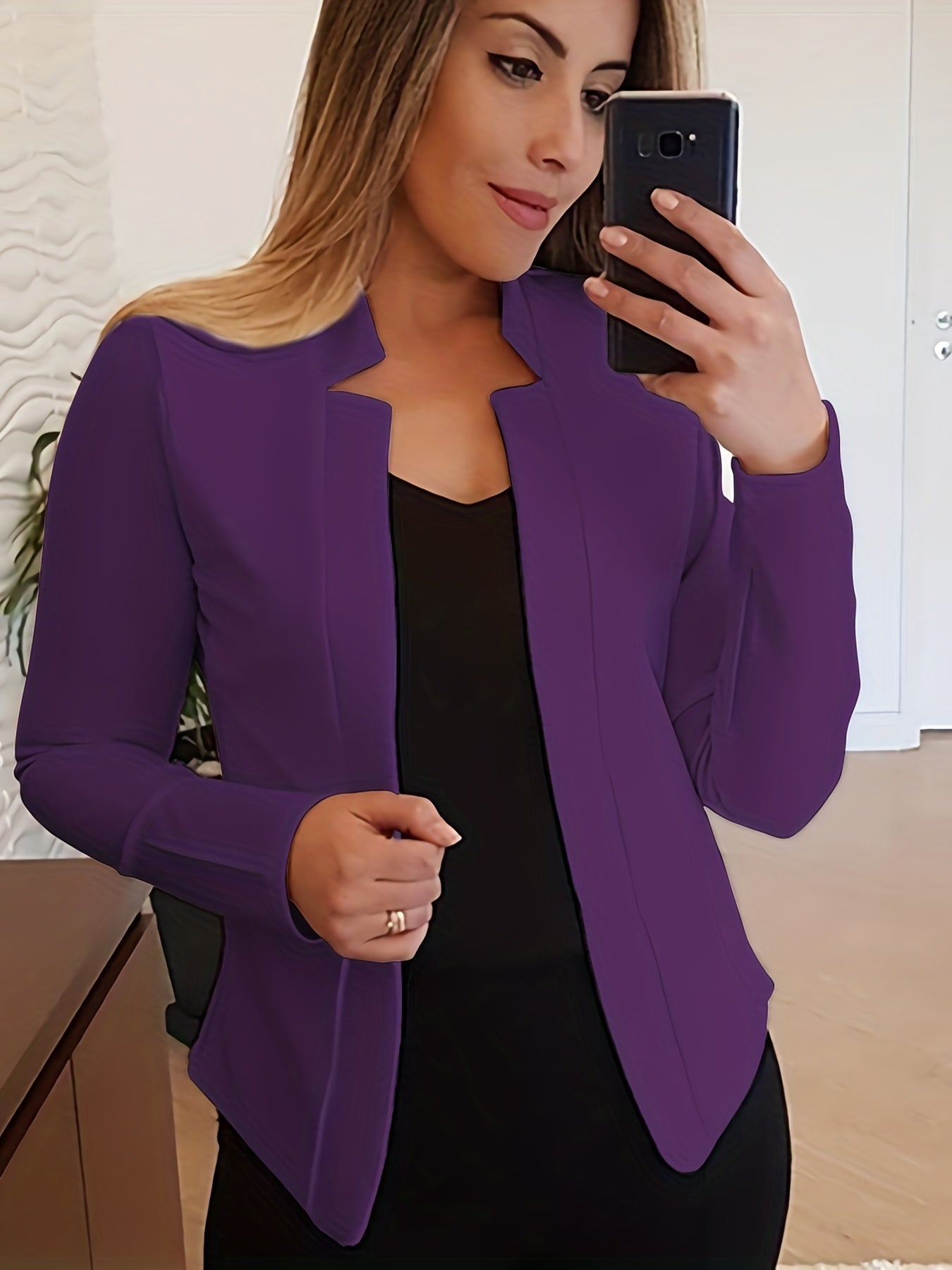 Solid Open Front Blazer, Casual Long Sleeve Blazer For Office & Work, Women's Clothing