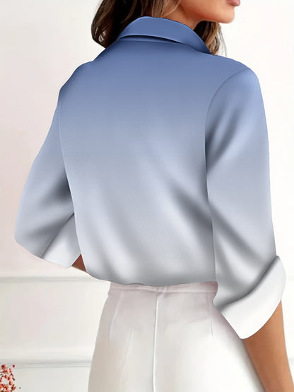 SHIMIDA Women's Gradient Print Casual Button-Up Shirt - Long Sleeve Lapel Collar Blouse, Machine Washable Non-See-Through Fabric, Elegant Office & Vacation Wear, All-Season Versatile Top, Elegant Long Sleeve Button Blouses, F