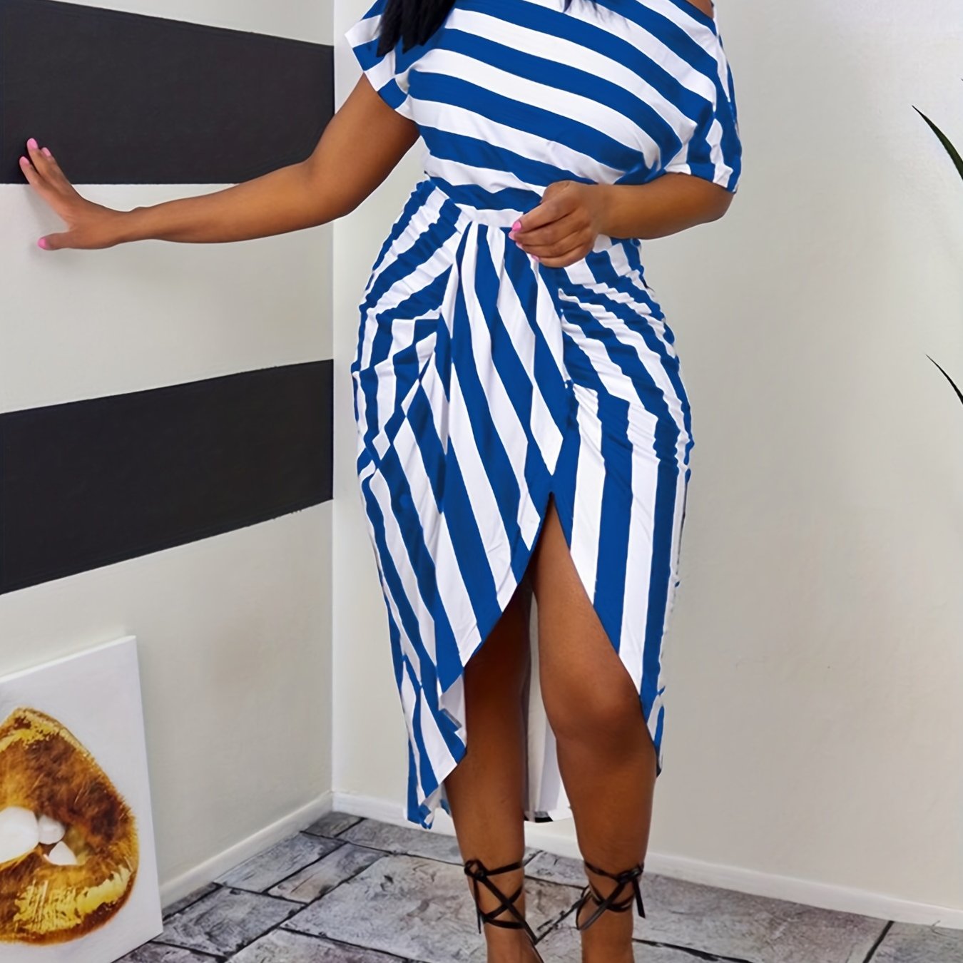 Striped Off Shoulder Dress, Casual Asymmetrical Short Sleeve Dress, Women's Clothing