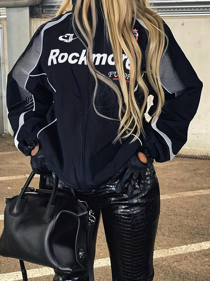 Retro Streetwear-Inspired Women's Casual Jacket - Loose Fit, High Neck Zip-Up With Vintage Print Design For Fall/Winter