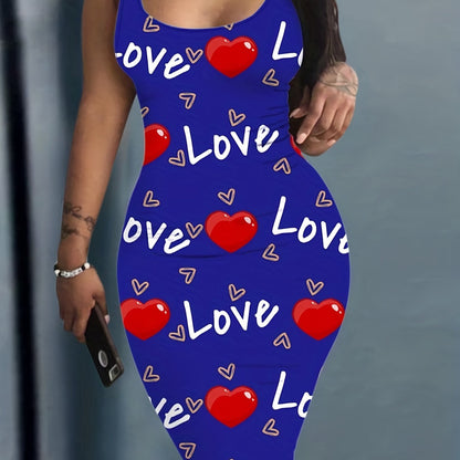 Heart & Letter Print Tank Dress, Casual Sleeveless U Neck Slim Dress, Women's Clothing