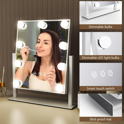 Makeup Mirror with Lights, Hollywood Makeup Mirror with 3 Color Modes and 9 Adjustable LED Bulbs, Zoom in 360° Rotation Touch Control
