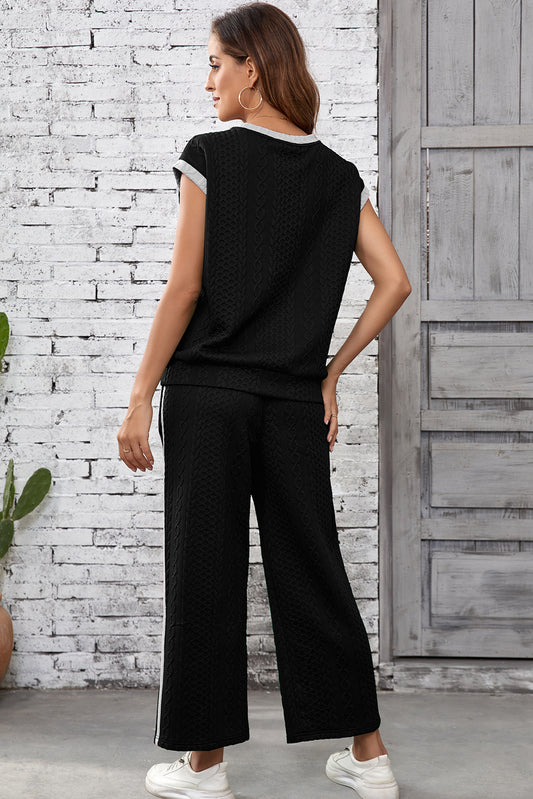 Black Cable Knit Contrast Trim Short Sleeve Top and Pants Set