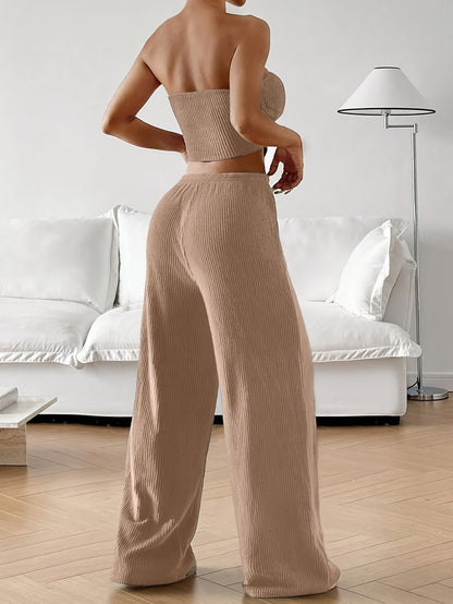Women's Summer Fashion Outfit - Solid Color Crop Top and Pants, Side Drawstring, Comfortable for Casual Wear