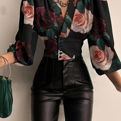 Floral Print Plunge Neck Blouse, Elegant Button Slim Waist Long Sleeve Crop Blouse, Women's Clothing