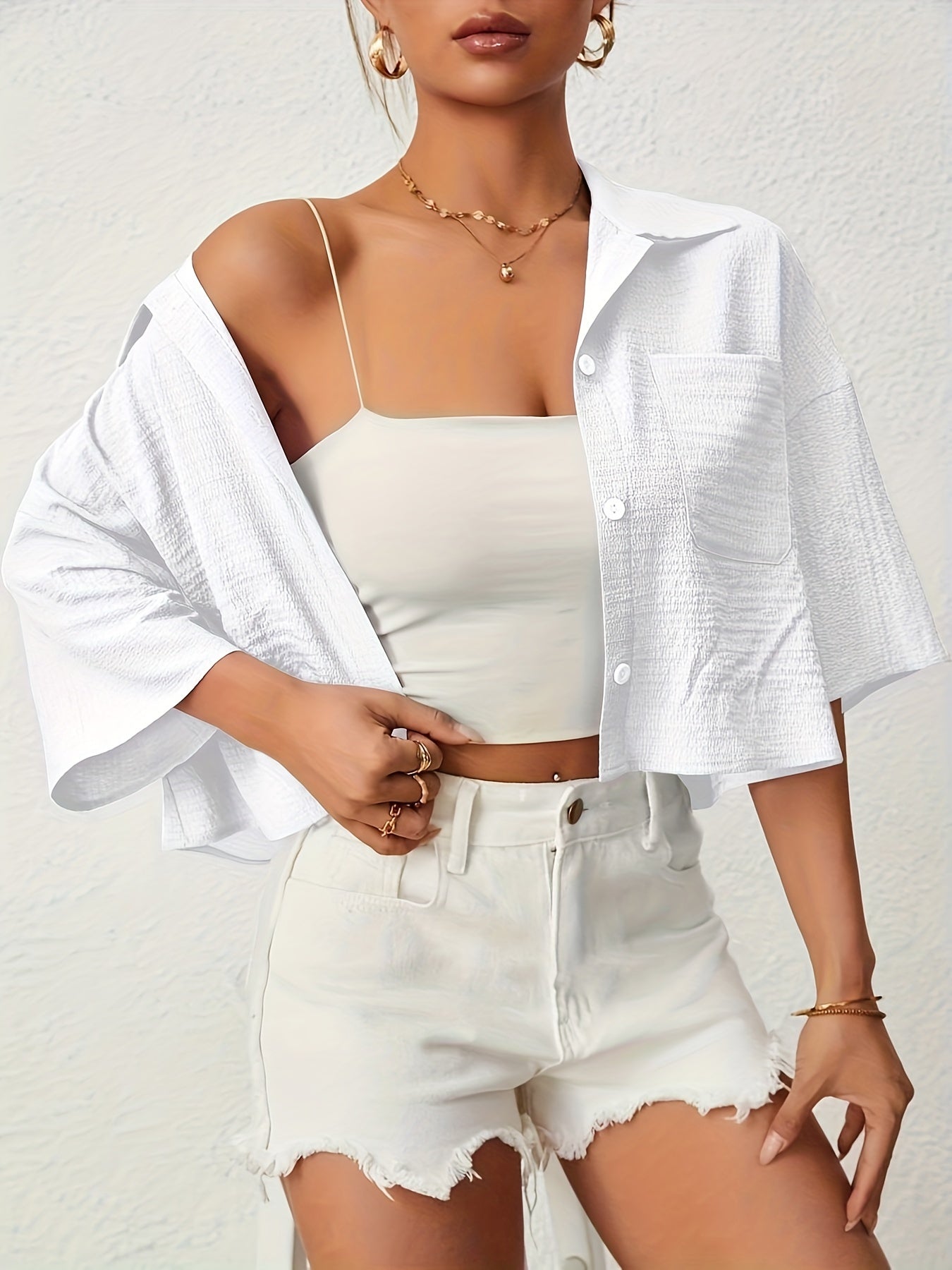 Button Front Crop Blouse, Casual Short Sleeve Blouse For Spring & Summer, Women's Clothing