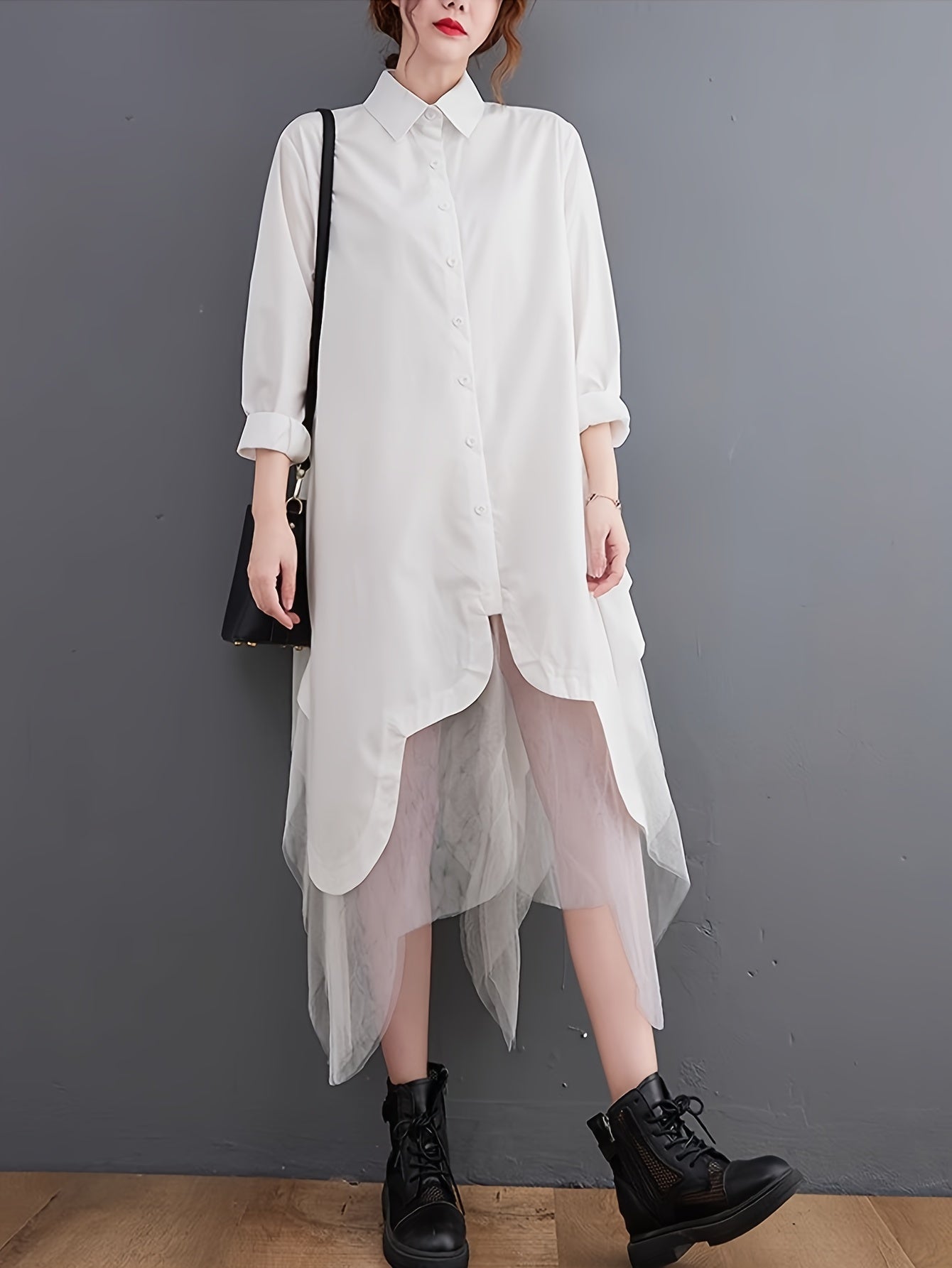 Asymmetric Hem Button Front Shirt, Stylish Long Sleeve Contrast Mesh Loose Blouse For Spring & Fall, Women's Clothing