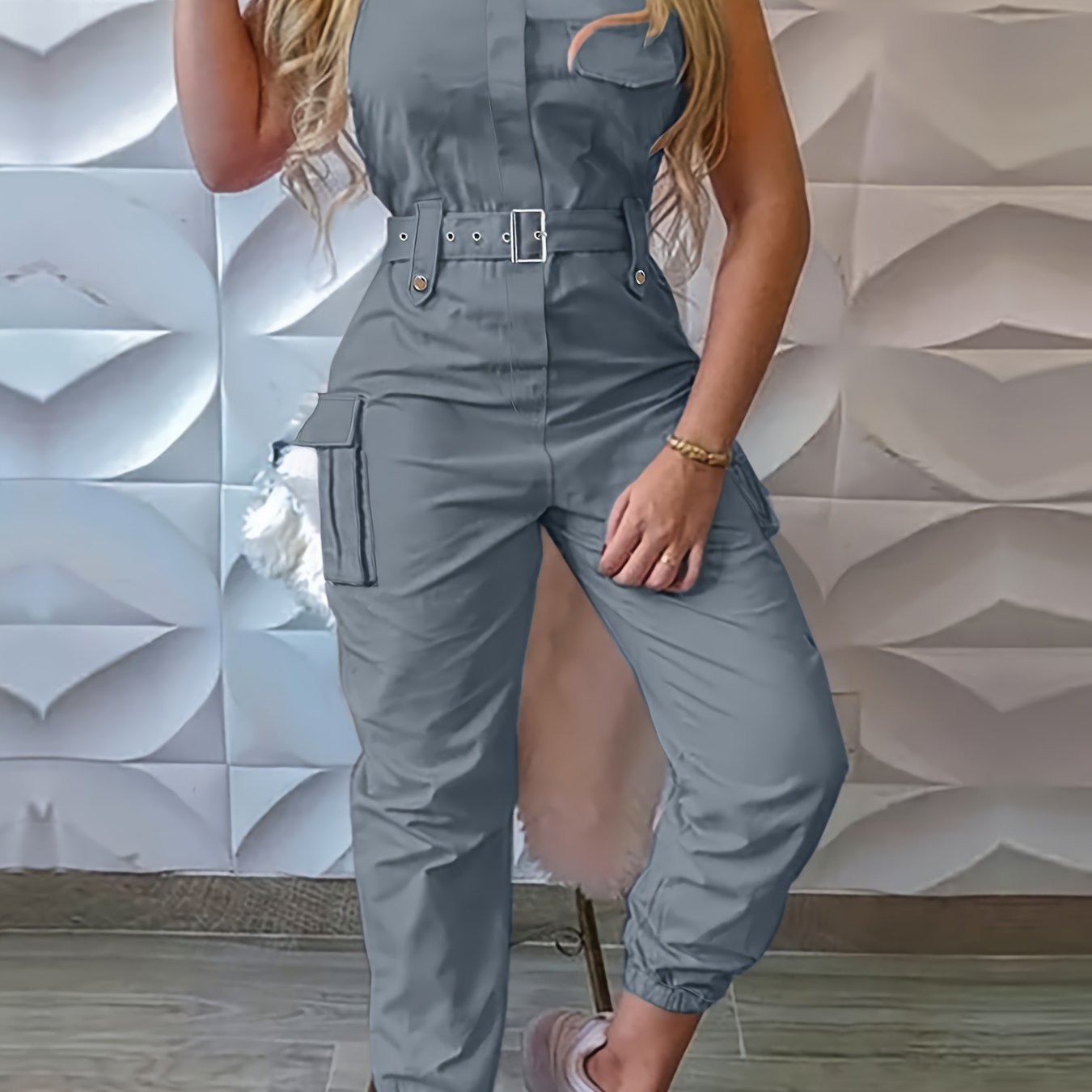 Solid Flap Pocket Cargo Jumpsuit, Casual Sleeveless Belted Flap Detail Jumpsuit, Women's Clothing