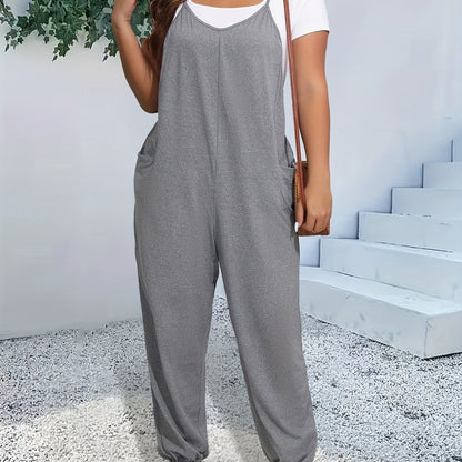 Plus Size Chic Cami Jumpsuit - Comfort-Fit with Tapered Leg, V-Neck Design, and Convenient Pockets - Versatile for Casual and Everyday Wear