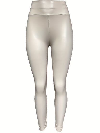 Solid Faux Leather Skinny Leggings, Vintage High Waist Slim Leggings, Women's Clothing