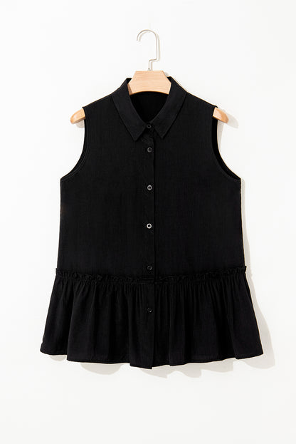 Black Sleeveless Buttoned Front Ruffle Hem Tunic Shirt