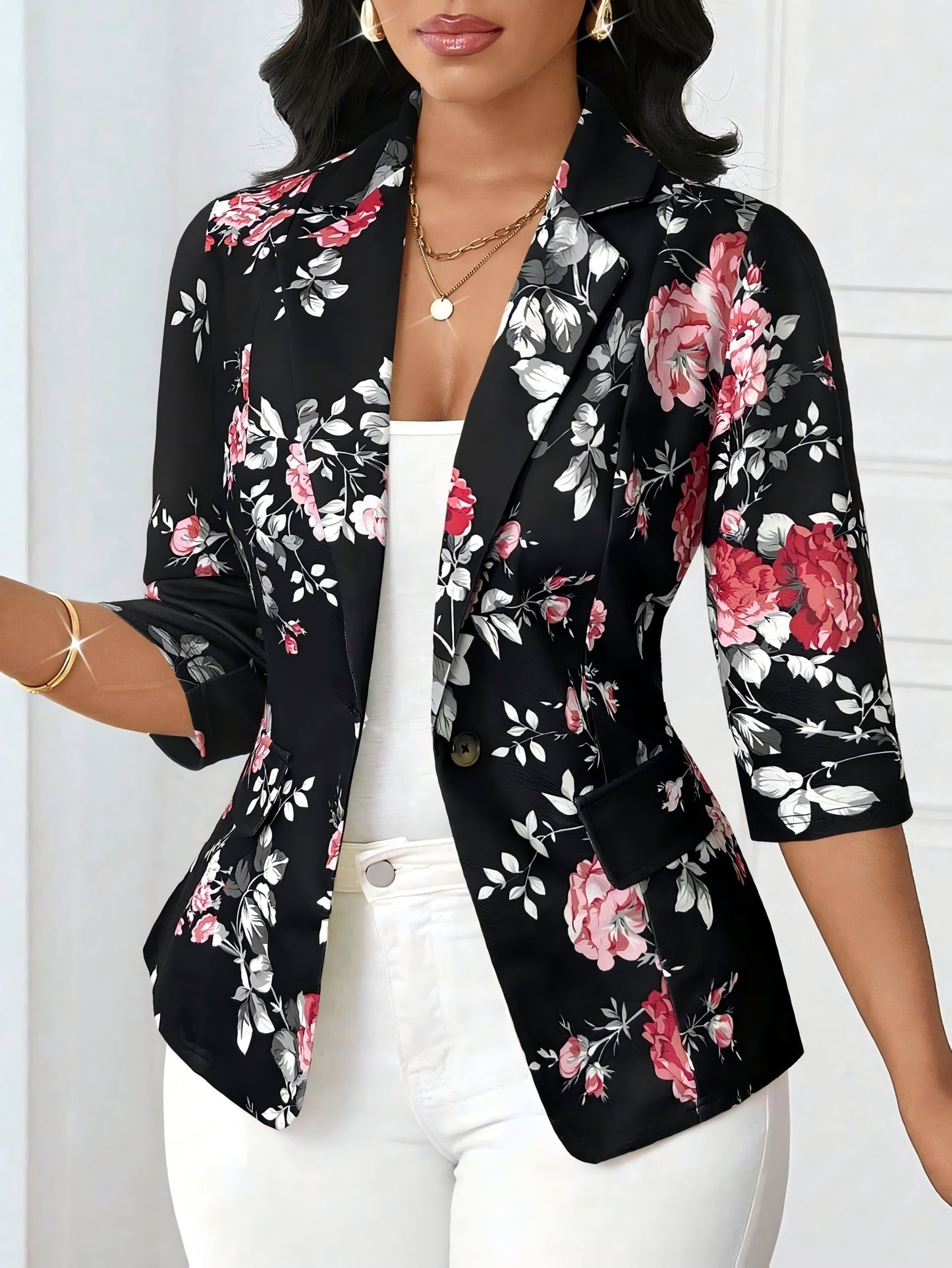 Women'S Floral Print Blazer - Elegant Office to Party Jacket, Structured Fit with Button Front Closure, Non-Stretch Fabric for Fall/Winter, Professional Women, Highquality Material, Work Attire, Fashion Lovers, Stylish Outerw