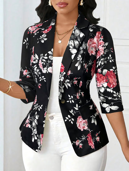 Women'S Floral Print Blazer - Elegant Office to Party Jacket, Structured Fit with Button Front Closure, Non-Stretch Fabric for Fall/Winter, Professional Women, Highquality Material, Work Attire, Fashion Lovers, Stylish Outerw