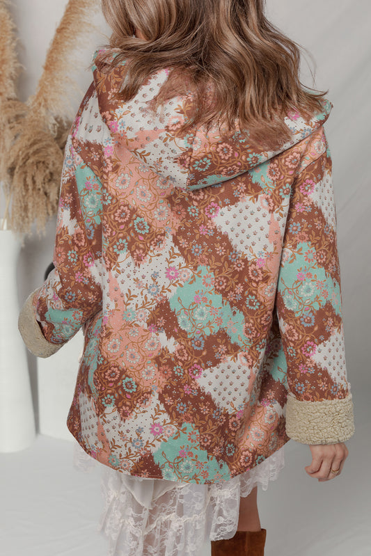 Khaki Vintage Floral Printed Sherpa Lined Hooded Jacket