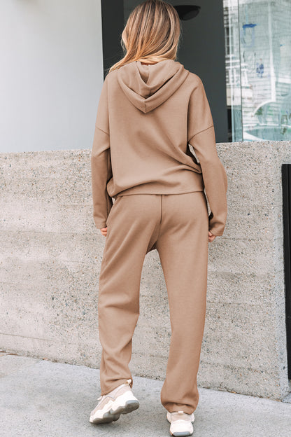 Casual Lace Drawstring Pullover Hoodie and High Waist Pants Corduroy Suit
