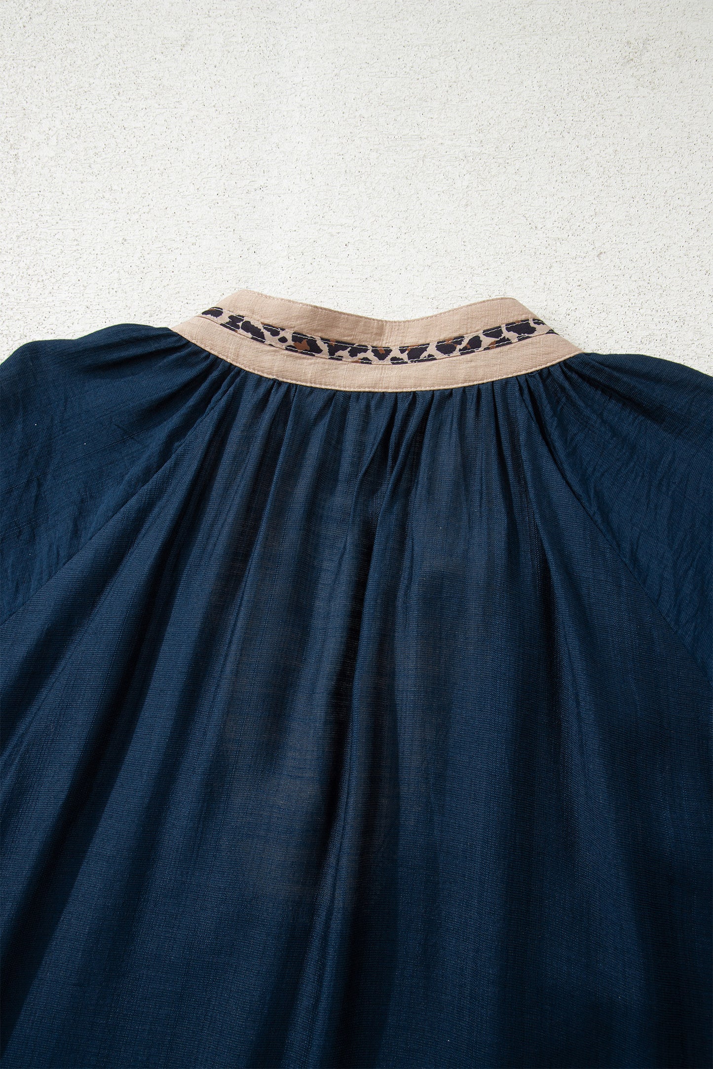 Navy Blue Contrast Leopard Patchwork Collar Plus Size Long Flounce Sleeve Blouse