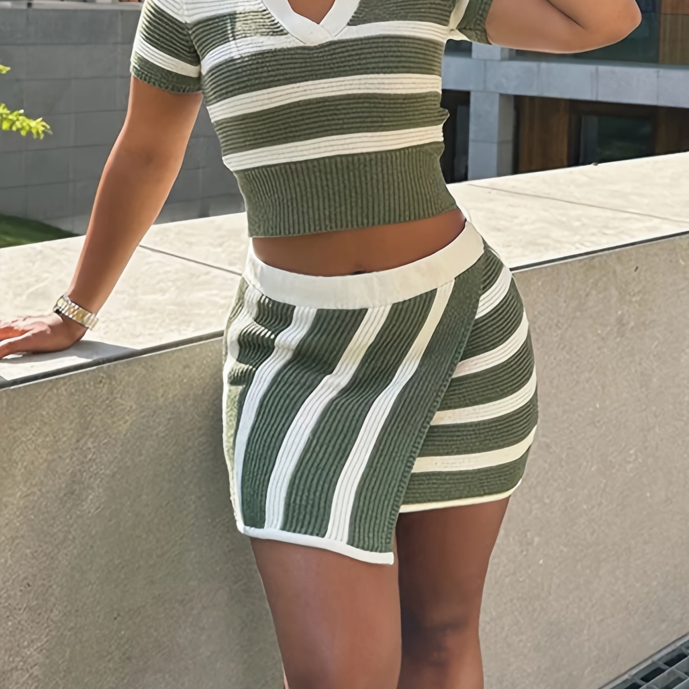 Casual Striped Pattern Knitted Skirt Set, Notched Collar Short Sleeve Crop Top & Asymmetrical Hem Bodycon Mini Skirt Outfits, Women's Clothing