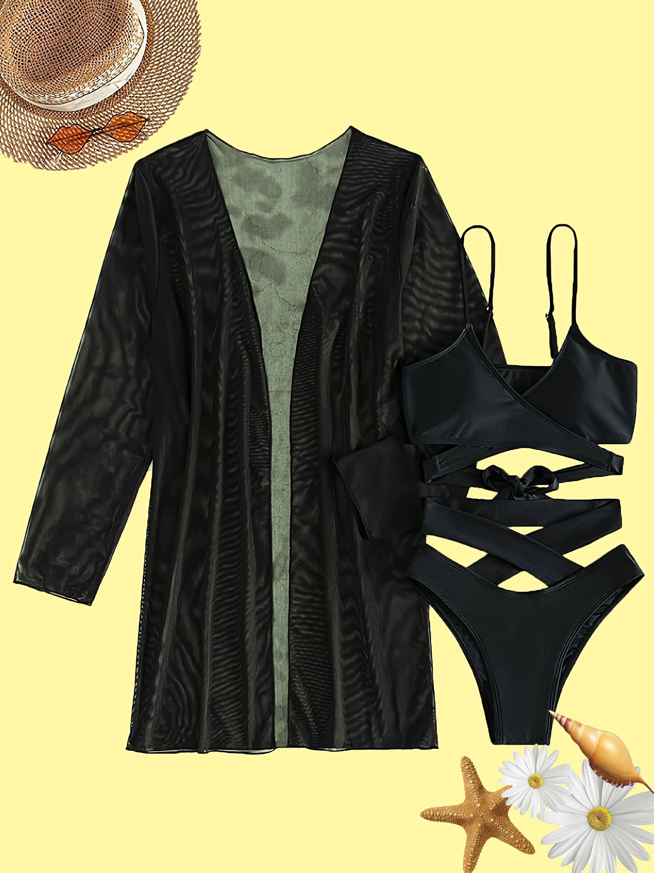3-Piece Womens Sheer Black Long Sleeve Bikini Cover Up Set - High Stretch, Cross Strap, Cut-Out High Waist, Machine Washable, Knit Fabric, Solid Color, No Printing - Perfect Summer Fashion for Beachwear, Poolside Apparel