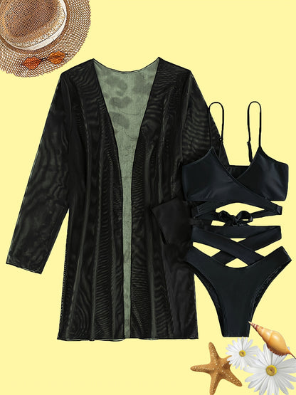 3-Piece Womens Sheer Black Long Sleeve Bikini Cover Up Set - High Stretch, Cross Strap, Cut-Out High Waist, Machine Washable, Knit Fabric, Solid Color, No Printing - Perfect Summer Fashion for Beachwear, Poolside Apparel