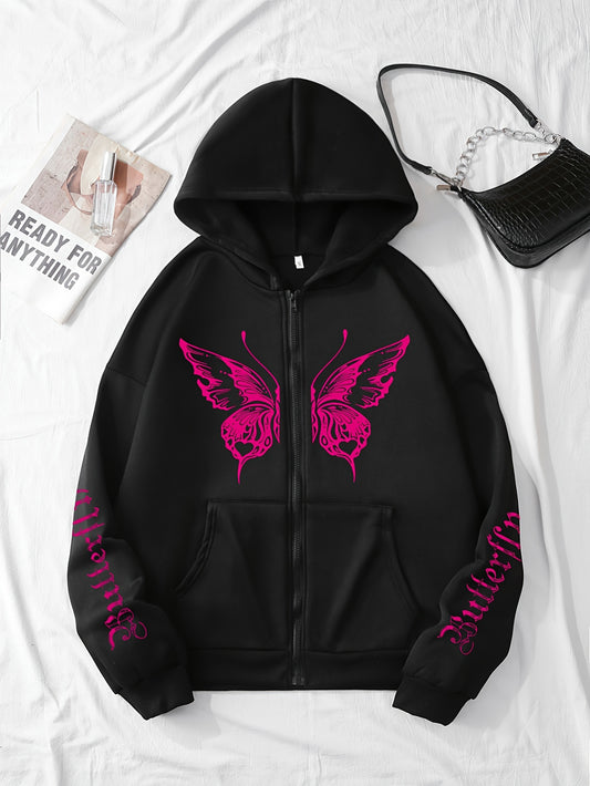 Butterfly Print Fleece Lined Sports Hooded Jacket, Long Sleeves Zipper Front Drawstring Casual Coat, Women's Activewear