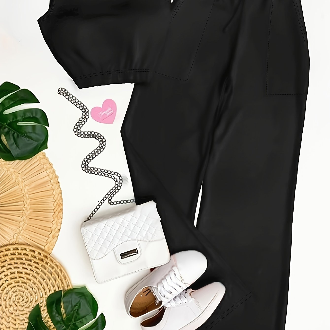 Trendy Two-Piece Crop Top Set - Soft Solid Color, Crew Neck, Drawstring Waist, Straight Leg Pants, Comfy Women's Casual Outfit for Daily Wear