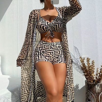 Women's Geometric Print Three-Piece Swimsuit Set with Long Sleeve Beach Cover-Up, Polyester Knit Fabric with Elastane, Medium Stretch, Chic Bikini Set for Swimming and Beachwear