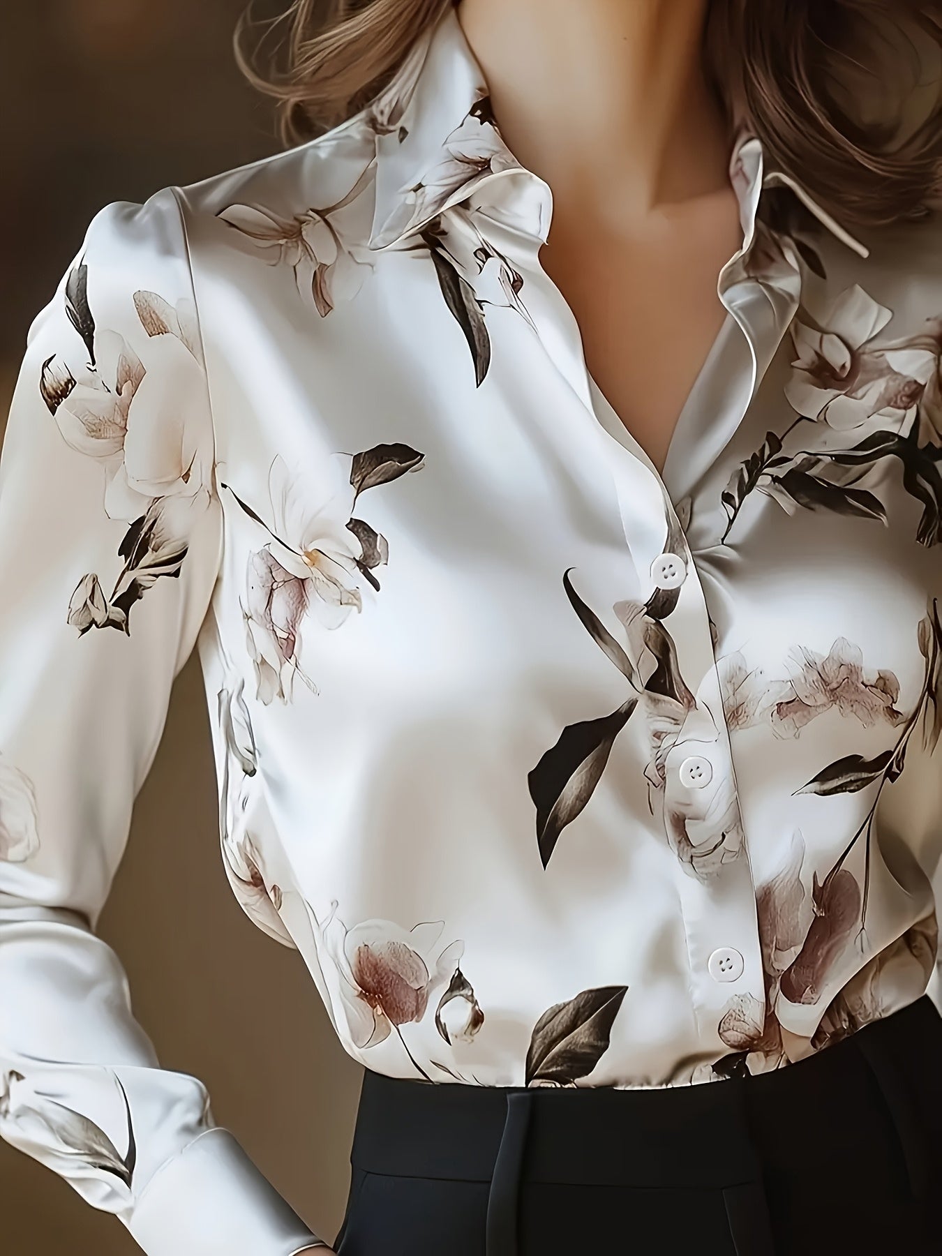 Women's Elegant Floral Print Long Sleeve Shirt - Soft Collar Blouse with Button Front, Machine Washable H-Silhouette Top for Autumn/Winter, Casual & Professional Outfits, Autumn Fashion, Easy Care, Buttonup Shirt, Stylish Wom
