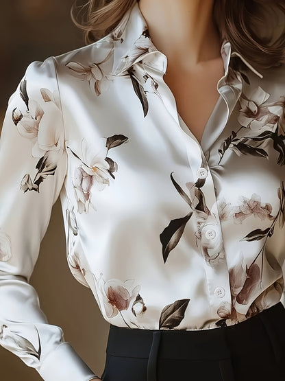 Women's Elegant Floral Print Long Sleeve Shirt - Soft Collar Blouse with Button Front, Machine Washable H-Silhouette Top for Autumn/Winter, Casual & Professional Outfits, Autumn Fashion, Easy Care, Buttonup Shirt, Stylish Wom