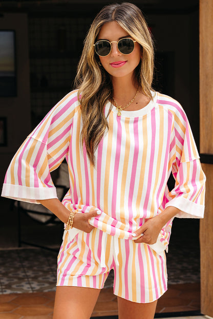 Pink Stripe Drop Shoulder Half Sleeve Loose Tee and Shorts Casual Set