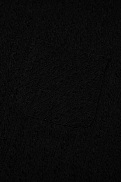 Black Textured Chest Pocket Long Sleeve Top 2Pcs Pants Set