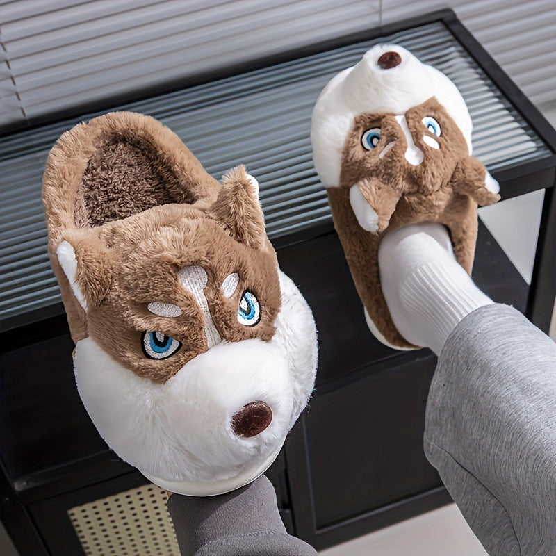 Unisex Husky Cartoon Slippers | Plush Fabric Indoor/Outdoor Slip-On Shoes with EVA Sole | Cozy Winter Footwear for Men & Women | Cute Animal Design | Warm, Comfortable Home Slippers for Autumn and Winter, Indoor Slippers