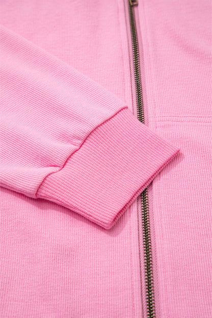 Sachet Pink Solid Color Ribbed Zip Up Drawstring Hooded Jacket