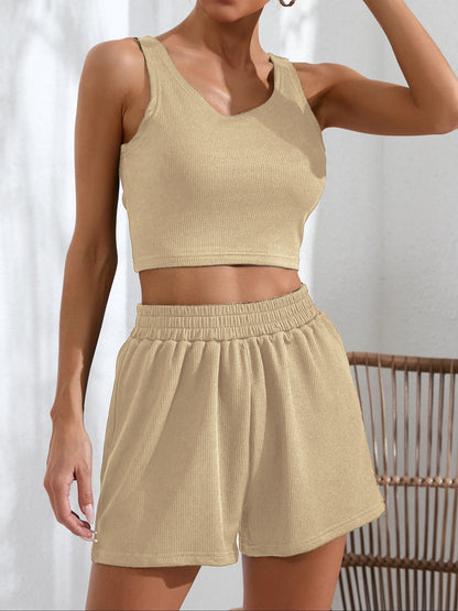 Two-Piece Elegant Outfit Set - Crew Neck Rib-Knit Slim Sleeveless Tank Top & Elastic Waist Shorts - Polyester Mid-Elasticity Knit Fabric, Solid Color, Spring/Summer Essential for Women