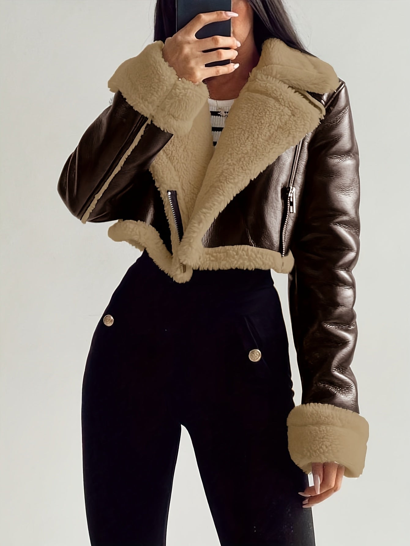 Women'S Elegant Teddy Lined Jacket with Turnover Sleeves, Zipper Closure, and Moto-Inspired Design - Vintage Streetwear Collar, Perfect for Fall/Winter