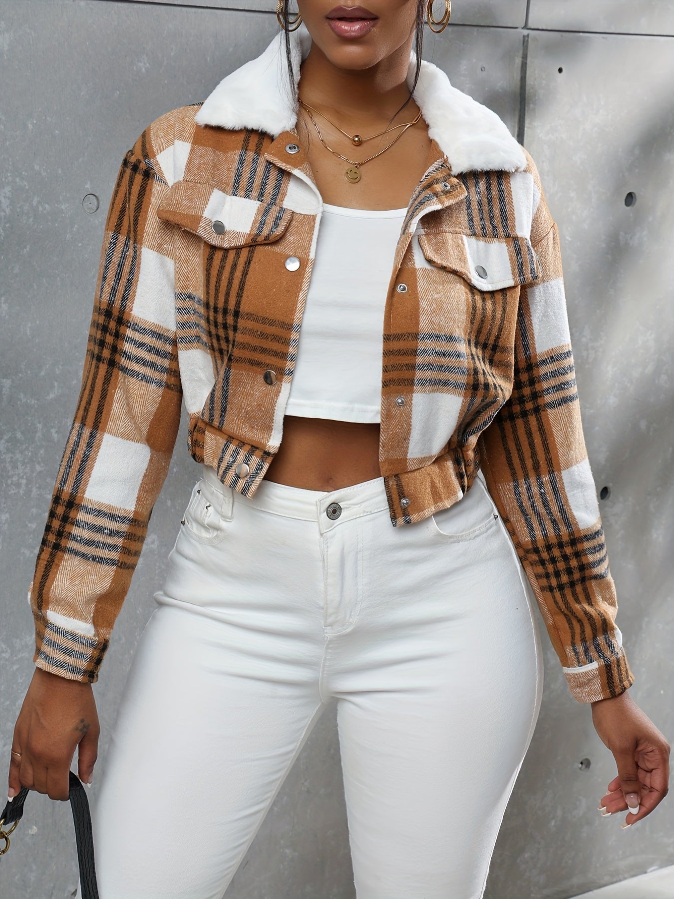 Button Plaid Faux Fur Collar Jacket, Casual Long Sleeve Crop Jacket For Fall & Winter, Women's Clothing