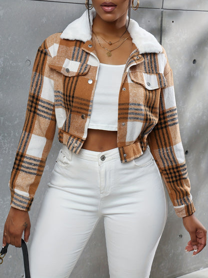 Button Plaid Faux Fur Collar Jacket, Casual Long Sleeve Crop Jacket For Fall & Winter, Women's Clothing