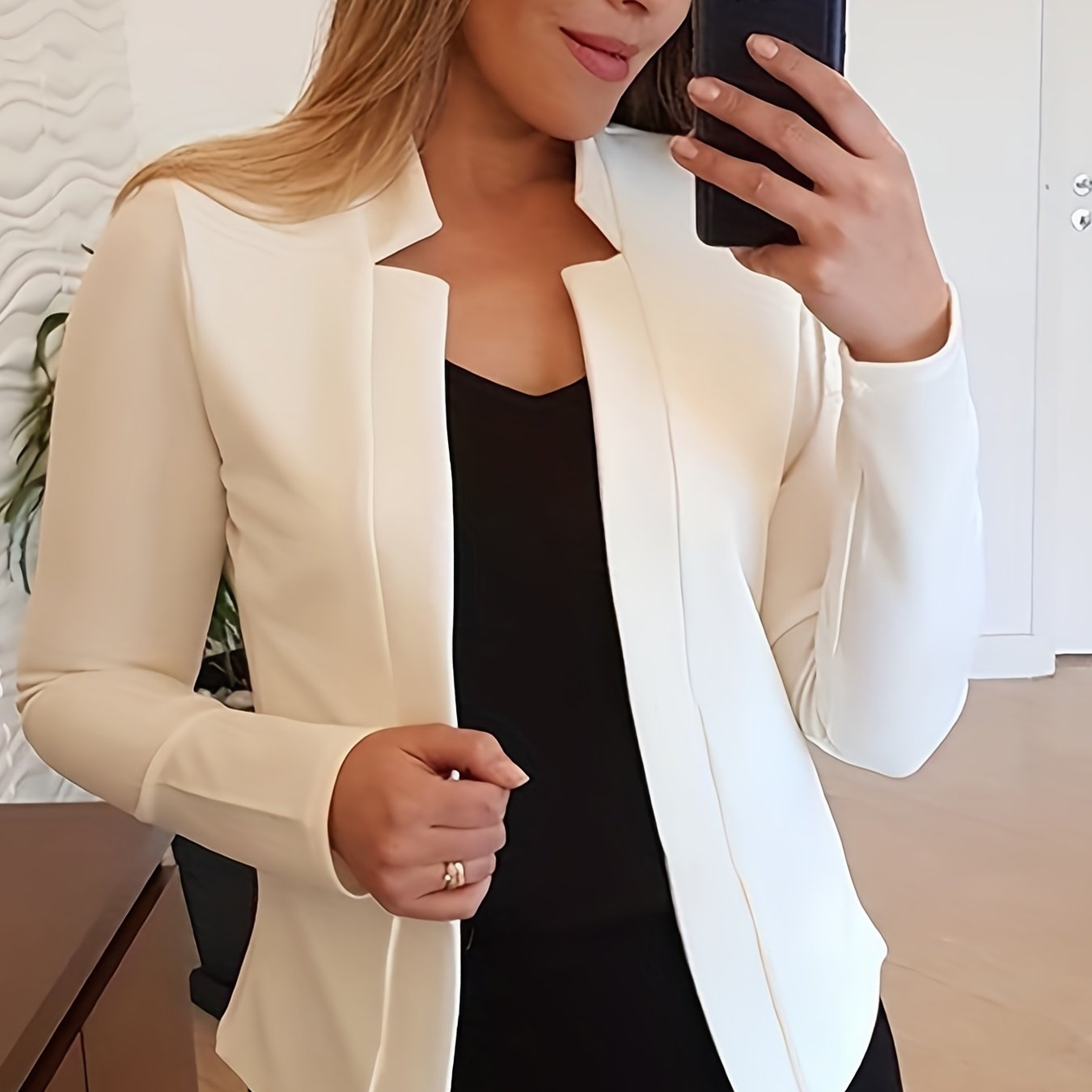 Solid Open Front Blazer, Casual Long Sleeve Blazer For Office & Work, Women's Clothing