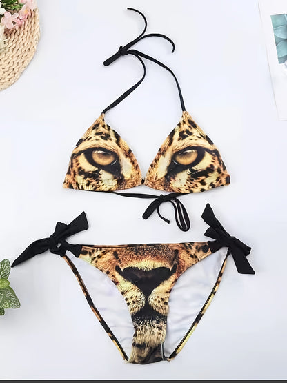 1pc Women'S Sexy Leopard Print Bikini Set, High Elastic Polyester Knit Fabric, Tie-Up Detail, Two-Piece Swimsuit