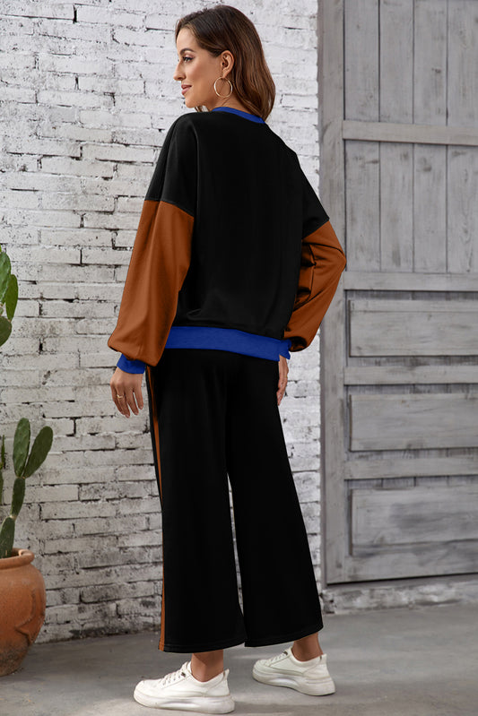 Black 2pcs Color Block Pullover Loose Pant Set