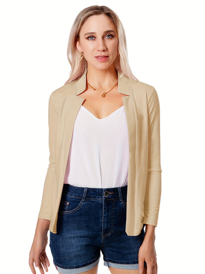 Solid Open Front Blazer, Casual Long Sleeve Blazer For Office & Work, Women's Clothing